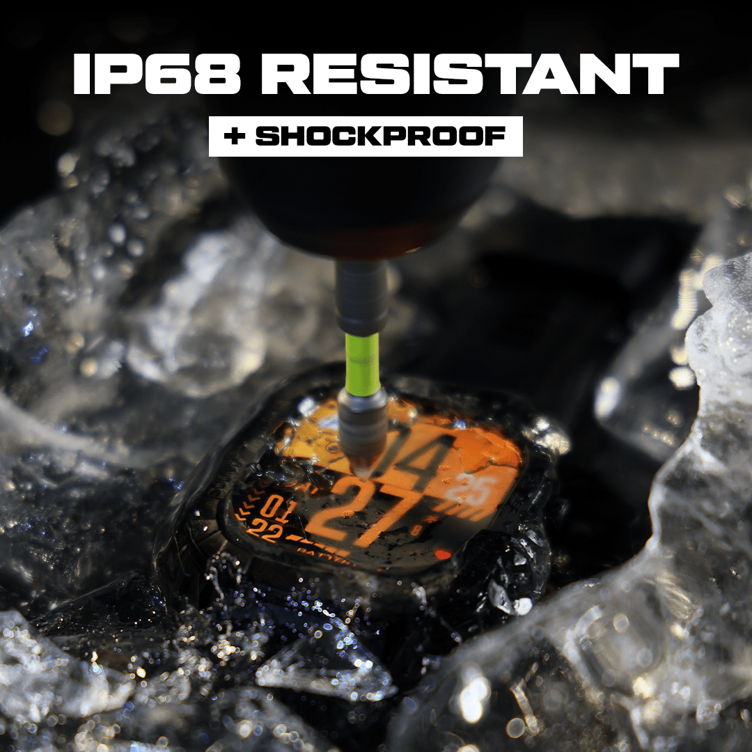 Digital watch submerged in water with 'IP68 Resistant + Shockproof' text above.