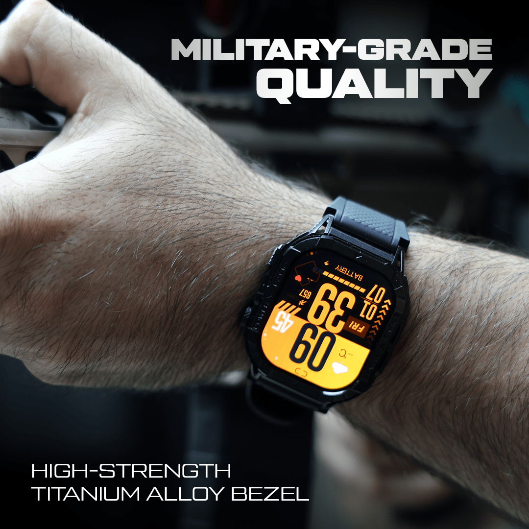 Digital watch with military-grade quality and high-strength titanium alloy bezel on a wrist.