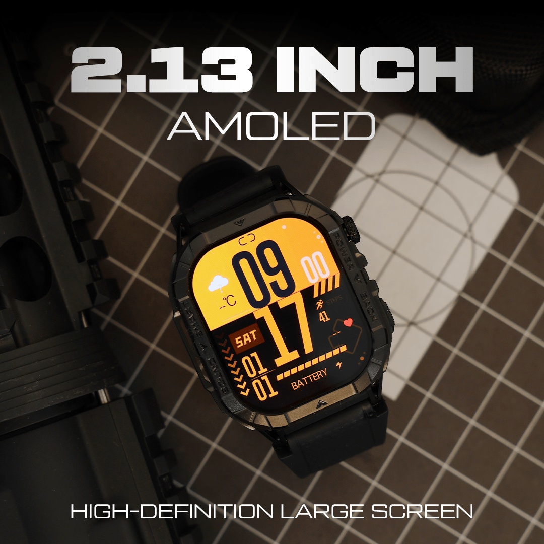 Digital watch with a large AMOLED screen on a checkered background