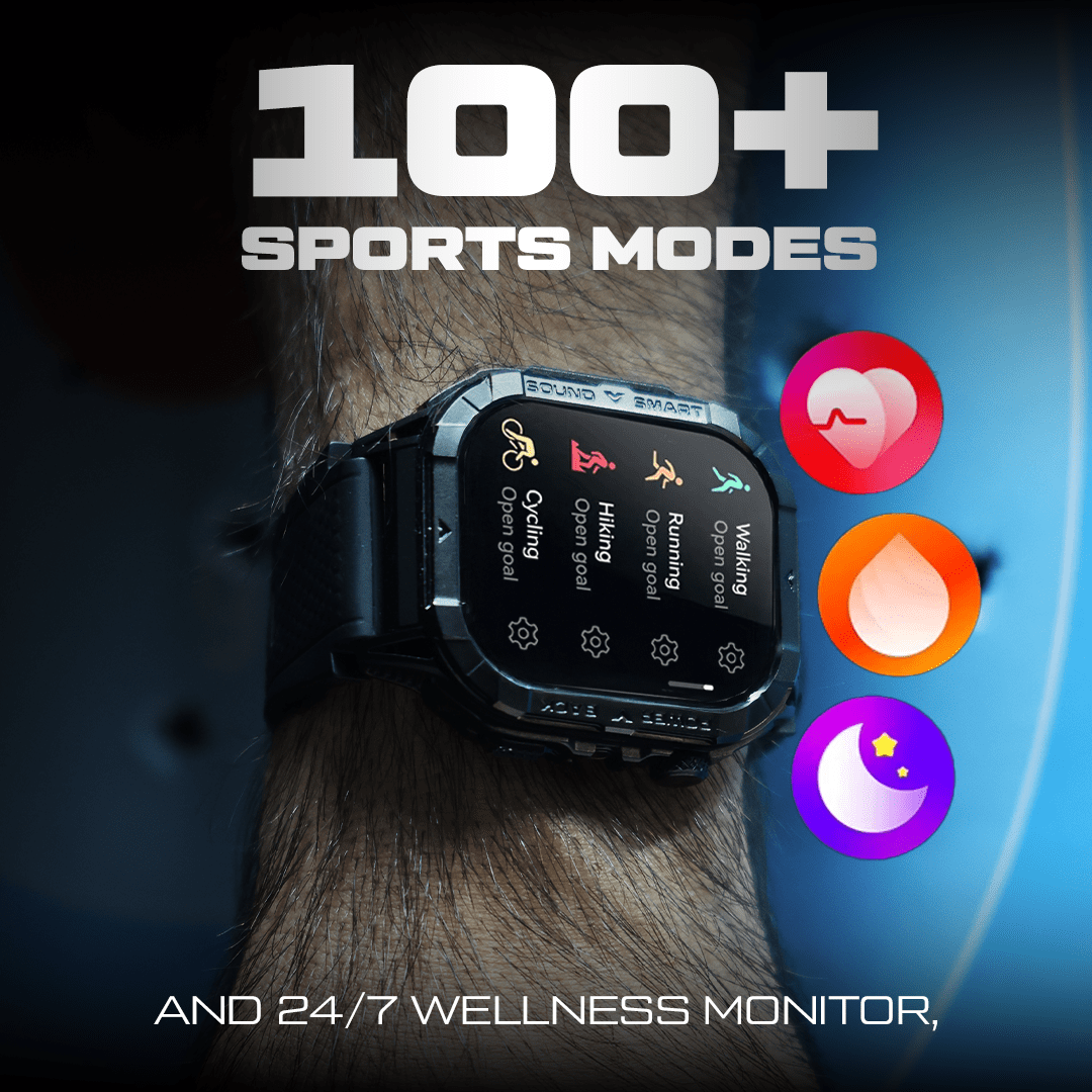Smartwatch on a person's wrist with sports mode icons and text on a dark background