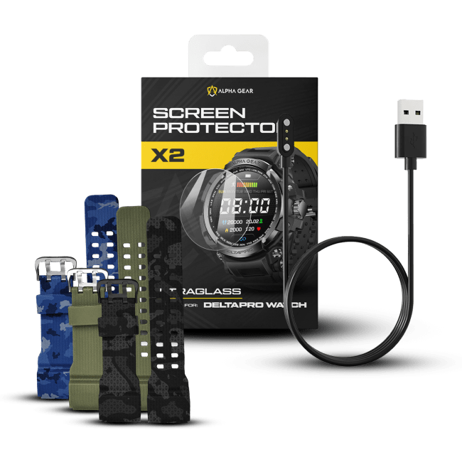 AlphaStrongUS FULL Combo for Delta PRO Watch SP 1x + Cable DELTA PRO 1x + Gray camo band PRO 1x + Military Green band DELTA PRO 1x + Black ops Band PRO 1x