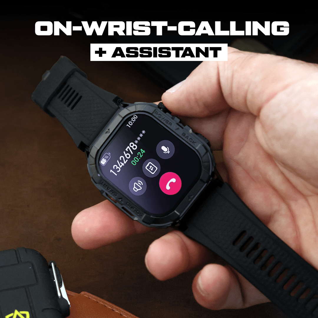 Smartwatch with on-screen display held in a hand, showing phone interface.